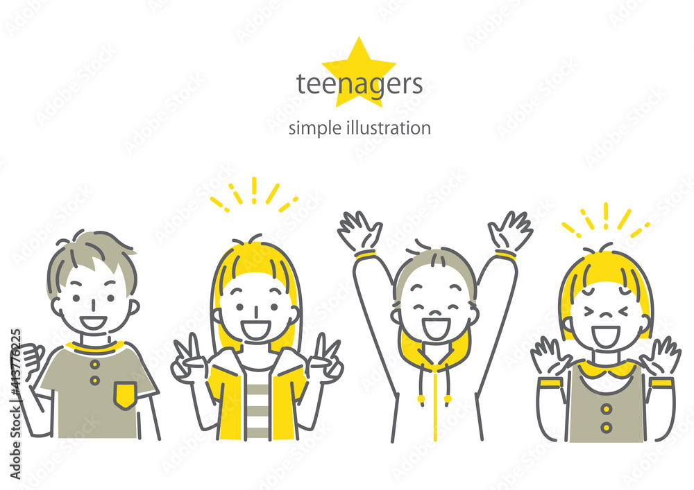 シンプルでおしゃれな線画の10代の子供たち4人の表情別イラスト素材セット 大喜び Stock Vector Adobe Stock シンプルでおしゃれな線画の10代の子供たち4人の表情別イラスト素材セット 大喜び Stock Vector Adobe Stock