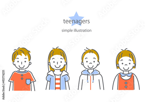 シンプルでおしゃれな線画の10代の子供たち4人の表情別イラスト素材セット　笑顔