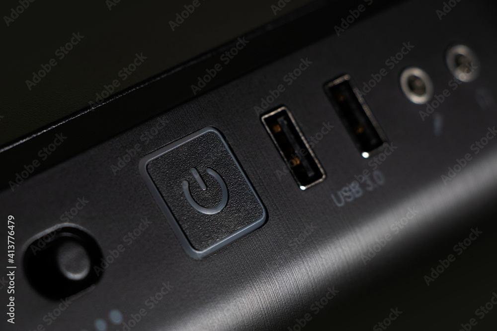 Black pc tower case with power button usb connection sockets, power and