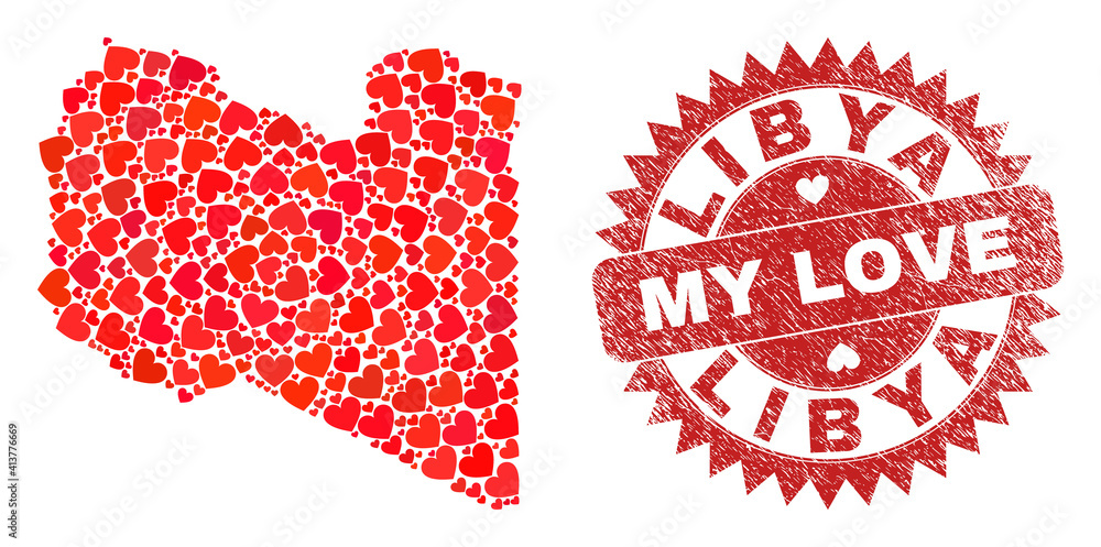 Vector collage Libya map of lovely heart items and grunge My Love seal stamp. Collage geographic Libya map constructed using lovely hearts. Vector collage Libya map of lovely heart items and grunge My Love seal stamp. Collage geographic Libya map constructed using lovely hearts.