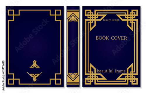 Art deco style book cover and spine. Sample layout. Design template. Golden Decorative geometric retro frame or border. Decoration for a certificate, diploma, or book page.