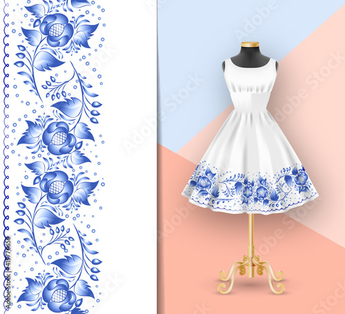 Border seamless pattern of blue flowers on classic womens dress mockup and black mannequin. Hand-drawn ornate pattern with an example of application. Clothes realistic 3d mock up.