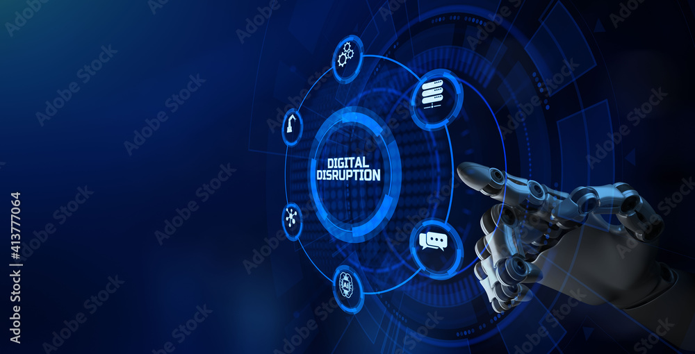 Digital disruption digitalization innovation internet technology concept. Robotic arm 3d rendering.