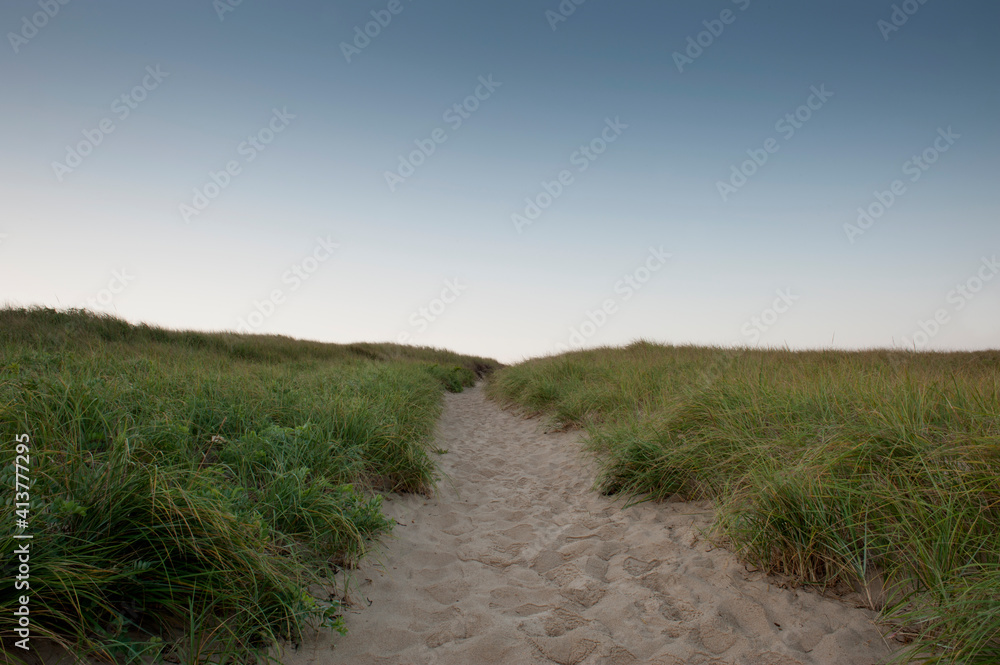 Sandy footpath on grassy field against clear blue sky Sandy footpath on grassy field against clear blue sky