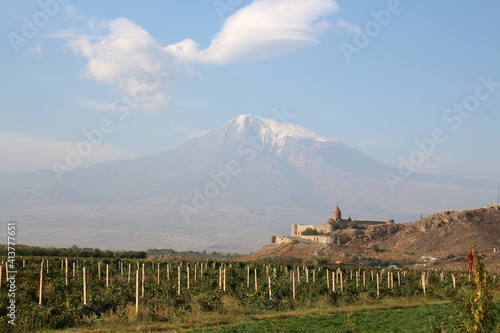 The Chor Virap Monastery with the small and the large Ararat in the background, Armenia
