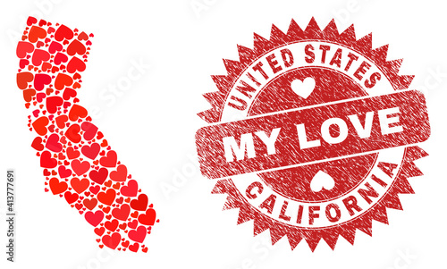 Vector collage California State map of valentine heart elements and grunge My Love seal stamp. Collage geographic California State map created with valentine hearts.