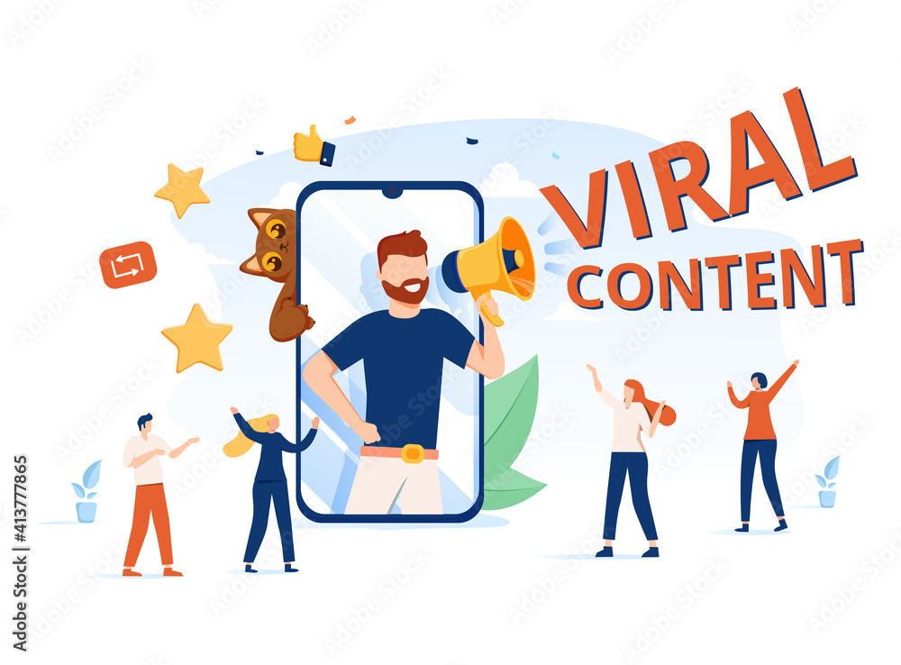 Hype, Social Media Viral or Fake Content Spreading Concept. Tiny Male and Female Characters with Huge icons in Hands Hype, Social Media Viral or Fake Content Spreading Concept. Tiny Male and Female Characters with Huge icons in Hands