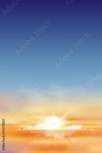 Colouful sky, Sunset sky in evening with orange, purple and blue, Dramatic twilight landscape with morning sky,Vector mesh vertical banner of sunrise for Spring or Summer background