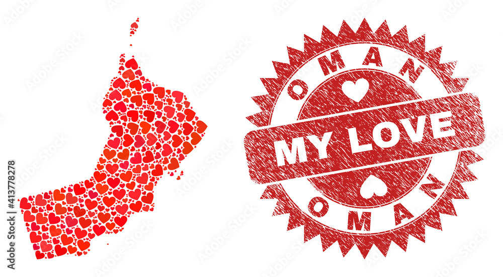 Vector collage Oman map of love heart elements and grunge My Love stamp. Collage geographic Oman map designed using lovely hearts. Red rosette stamp with grunge rubber texture and my love tag.
