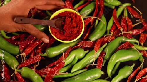 Red chili peppers powder in yallow Bowl in wooden spoon on chili peppers background,green chili and red chilli,spices and bowl with chilli pepper on wooden background