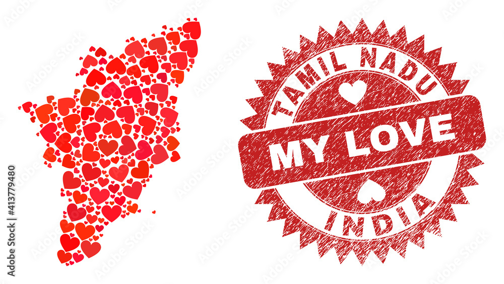 Vector collage Tamil Nadu State map of valentine heart items and grunge My Love badge. Mosaic geographic Tamil Nadu State map designed using valentine hearts.