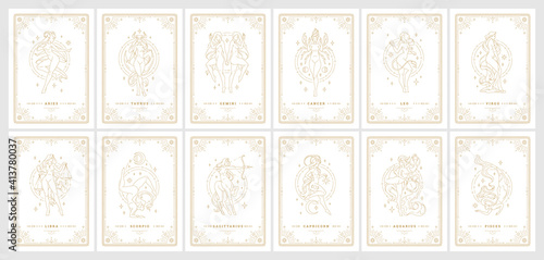 Zodiac womans horoscope signs linear silhouettes design vector illustrations set