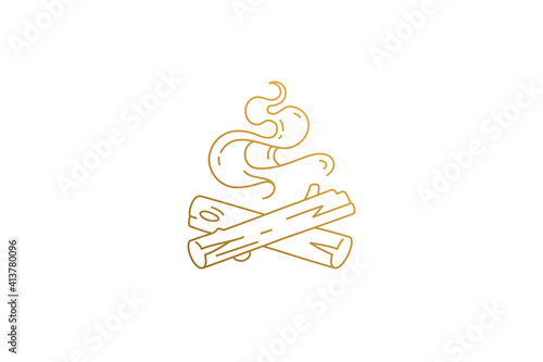 Bonfire with burning logs silhouette linear vector illustration.