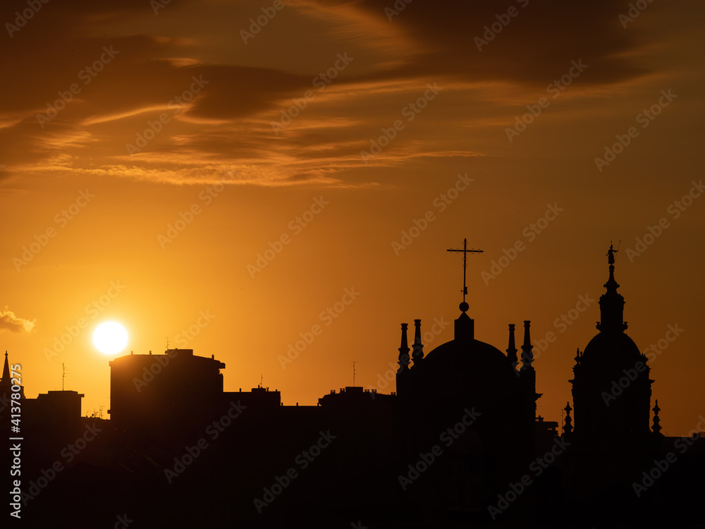 Beautiful sunset in Bilbao, city of the Basque country, with the silhouette of the church of San Anton.