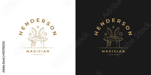 Rabbit ears in magic hat logo linear vector illustration