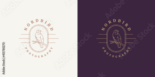 Bird sitting on branch logo template linear vector illustration