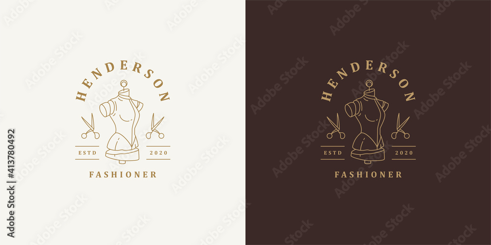 Mannequin and scissors logo template linear vector illustration