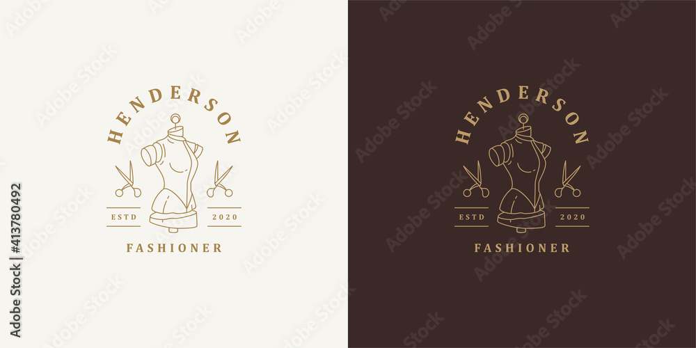 Mannequin and scissors logo template linear vector illustration Mannequin and scissors logo template linear vector illustration