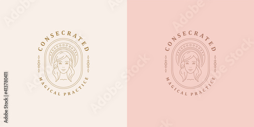 Woman head with celestial ornamental headgear logo linear vector illustration