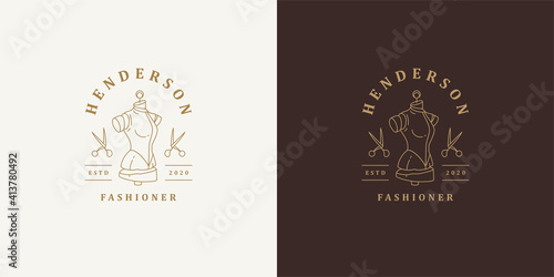 Mannequin and scissors logo template linear vector illustration