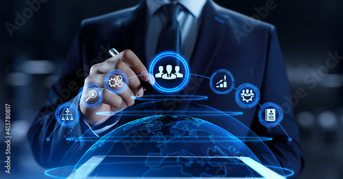 HR Human resources management Recruitment Headhunting. Businessman pressing button on screen.