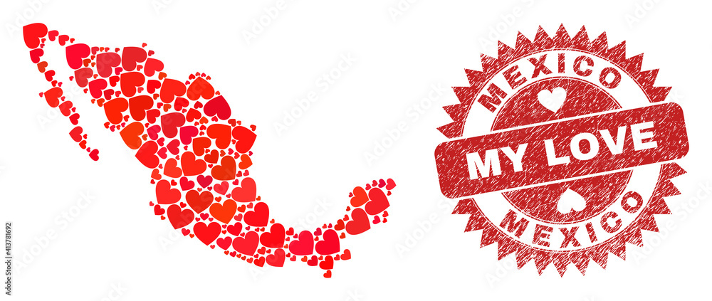 Vector collage Mexico map of valentine heart elements and grunge My Love seal. Collage geographic Mexico map created using valentine hearts. Vector collage Mexico map of valentine heart elements and grunge My Love seal. Collage geographic Mexico map created using valentine hearts.