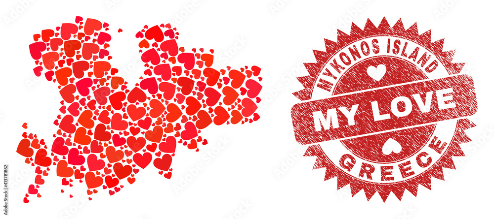 Vector mosaic Mykonos Island map of love heart items and grunge My Love seal stamp. Collage geographic Mykonos Island map created with love hearts. Vector mosaic Mykonos Island map of love heart items and grunge My Love seal stamp. Collage geographic Mykonos Island map created with love hearts.