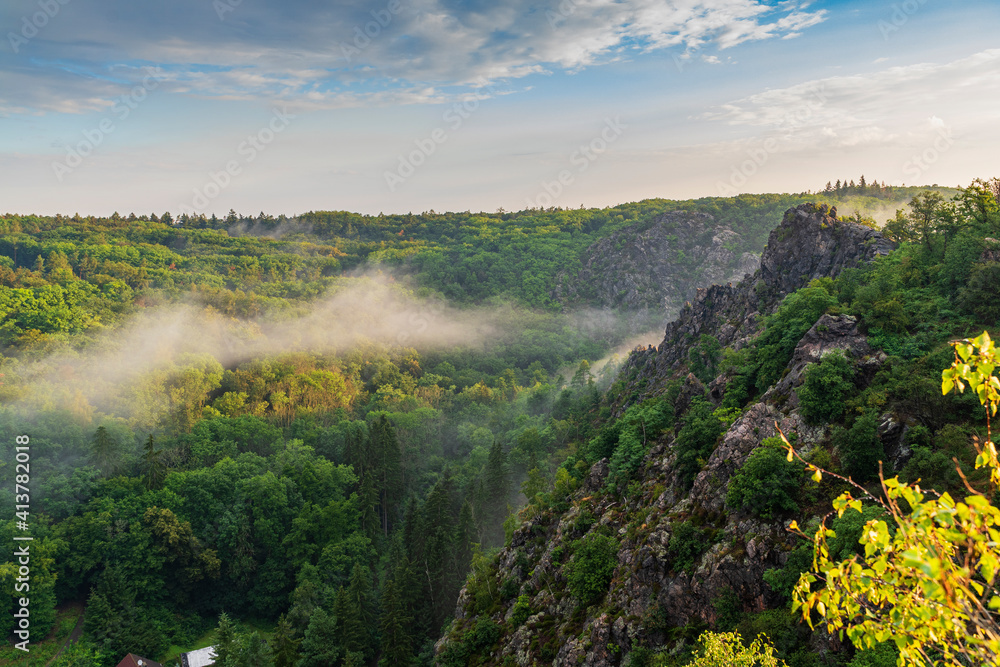 Beautiful sunrise in Czech mountains with fog Beautiful sunrise in Czech mountains with fog