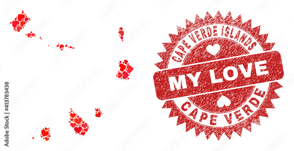 Vector collage Cape Verde Islands map of love heart elements and grunge My Love badge. Mosaic geographic Cape Verde Islands map created with love hearts. Vector collage Cape Verde Islands map of love heart elements and grunge My Love badge. Mosaic geographic Cape Verde Islands map created with love hearts.