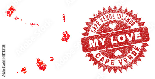 Vector collage Cape Verde Islands map of love heart elements and grunge My Love badge. Mosaic geographic Cape Verde Islands map created with love hearts.