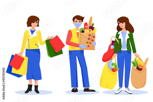 Shopping. People with heavy paper bags from grocery store.
