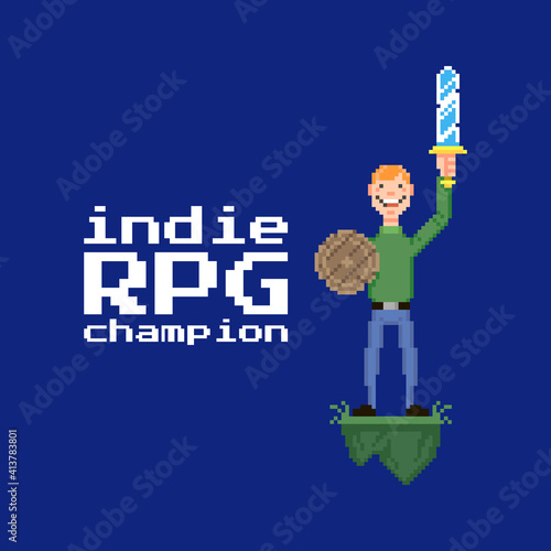 colorful simple flat pixel art illustration of young guy holding a sword and shield in his hands and with text indie rpg champion