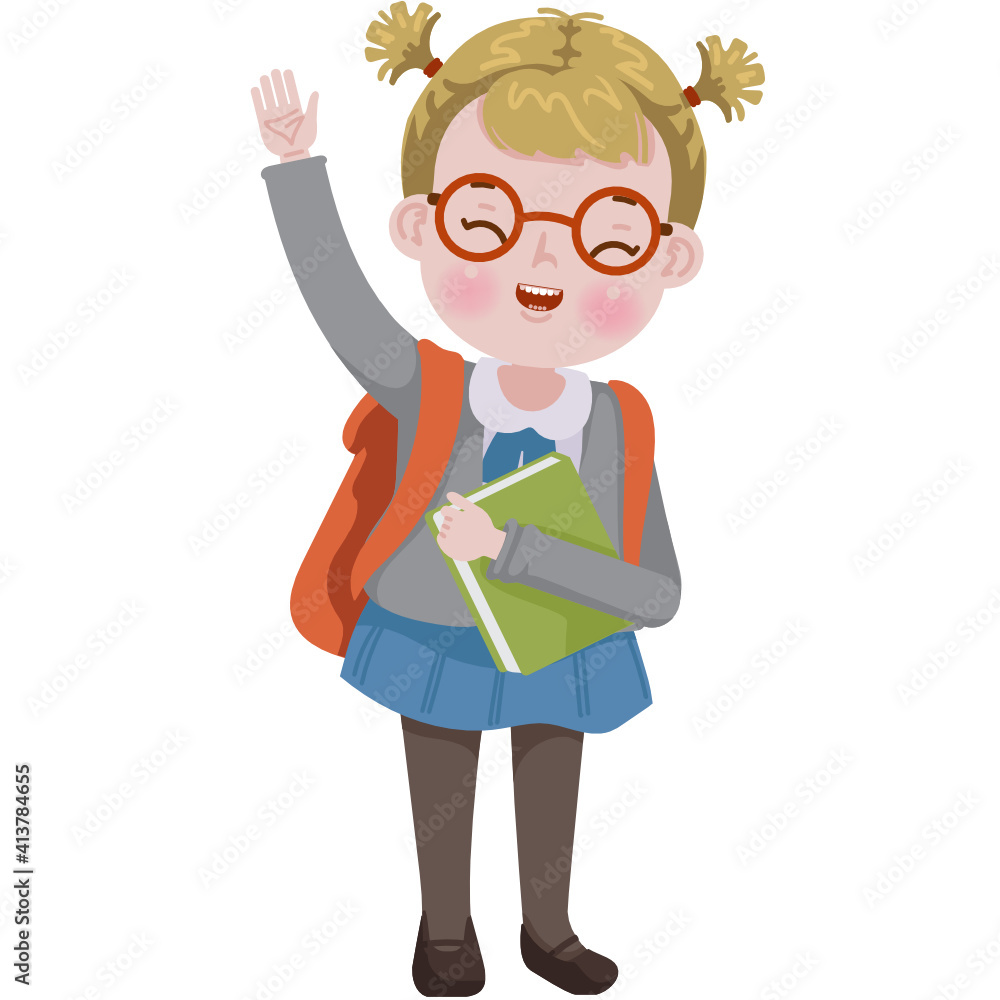 Child with glasses and book. Girl in uniform. Back to school