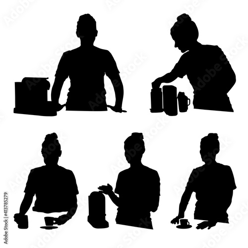 Female Barista Silhouette Making Espresso Coffee and Steaming Milk with Espresso Machine Vector Illustration