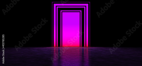 Glowing purple portal in dark space. Abstract glowing portal. 3D illustration