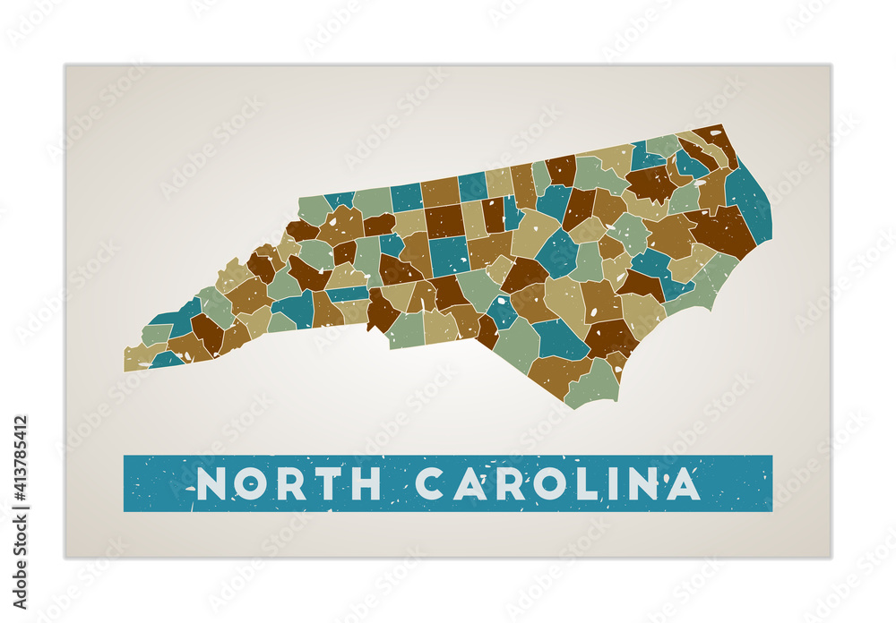 North Carolina map. Us state poster with regions. Old grunge texture