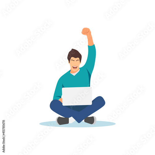 Sitting man watching laptop. Success concept. Guy raising arm and happy. Student online learning. Video conference. Employee working from home. Live stream. Business job activity. Flat illustration.