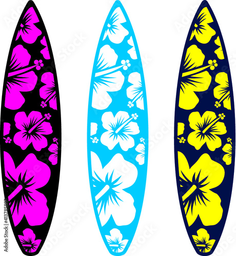 Vector illustration of the surfboards with Hawaiian hibiscus flower pattern