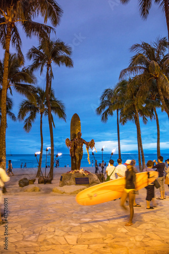 statue of Hawaiian surf legend and icon Duke Kahanamoku at the beach at Waikiki in Honolulu