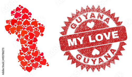 Vector mosaic Guyana map of lovely heart elements and grunge My Love seal stamp. Mosaic geographic Guyana map created using valentine hearts.
