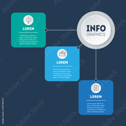Template of diagram. 3-steps Infographic of technology or education process on dark background. Vector Business presentation or infographics concept with three options.