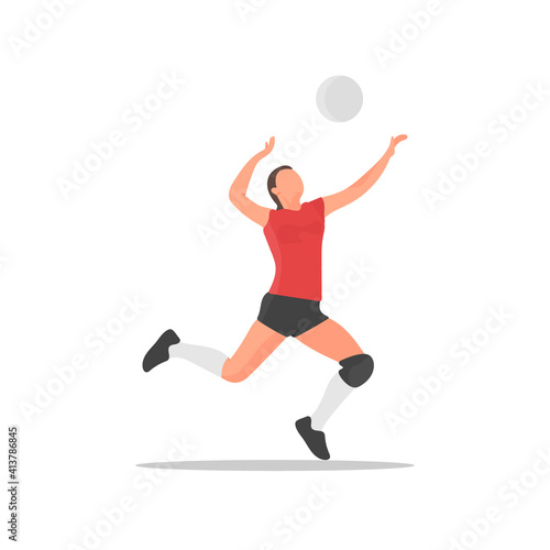 Young volleyball player. Female athlete. Sportswoman concept. Beach volley tournament. Women sports team. Athletic woman. Smash or serve pose. Healthy activity. Human health flat vector illustration.