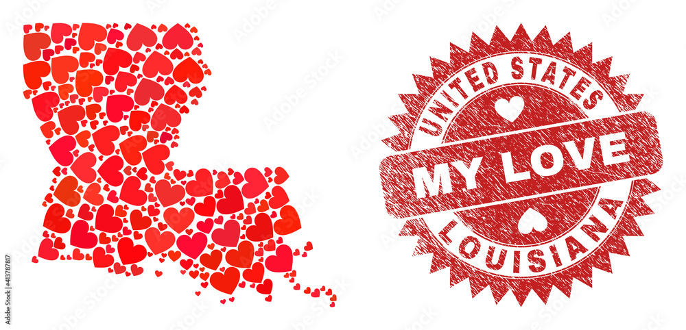Vector collage Louisiana State map of valentine heart items and grunge My Love seal. Mosaic geographic Louisiana State map created with valentine hearts. Vector collage Louisiana State map of valentine heart items and grunge My Love seal. Mosaic geographic Louisiana State map created with valentine hearts.
