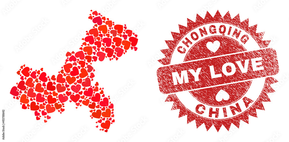 Vector mosaic Chongqing City map of love heart items and grunge My Love seal. Mosaic geographic Chongqing City map created with love hearts. Vector mosaic Chongqing City map of love heart items and grunge My Love seal. Mosaic geographic Chongqing City map created with love hearts.
