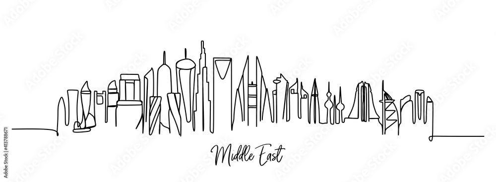 Continuous one line drawing of The Middle East Cities Skyline