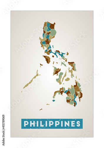 Philippines map. Country poster with regions. Old grunge texture. Shape of Philippines with country name. Stylish vector illustration.