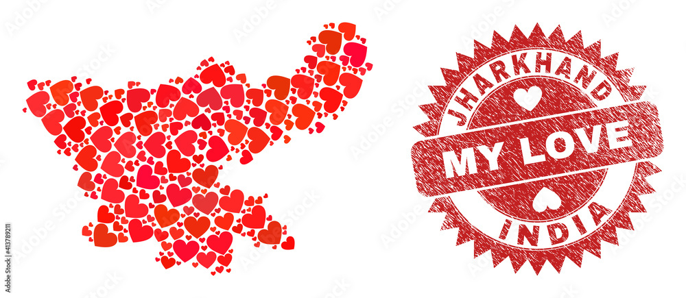Vector collage Jharkhand State map of lovely heart items and grunge My Love stamp. Collage geographic Jharkhand State map constructed using love hearts. Vector collage Jharkhand State map of lovely heart items and grunge My Love stamp. Collage geographic Jharkhand State map constructed using love hearts.