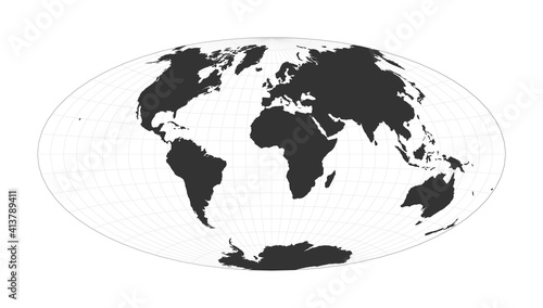 Map of The World. Aitoff projection. Globe with latitude and longitude net. World map on meridians and parallels background. Vector illustration. © Eugene Ga