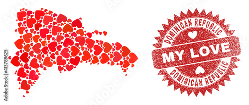 Vector mosaic Dominican Republic map of lovely heart items and grunge My Love seal. Mosaic geographic Dominican Republic map created using love hearts.