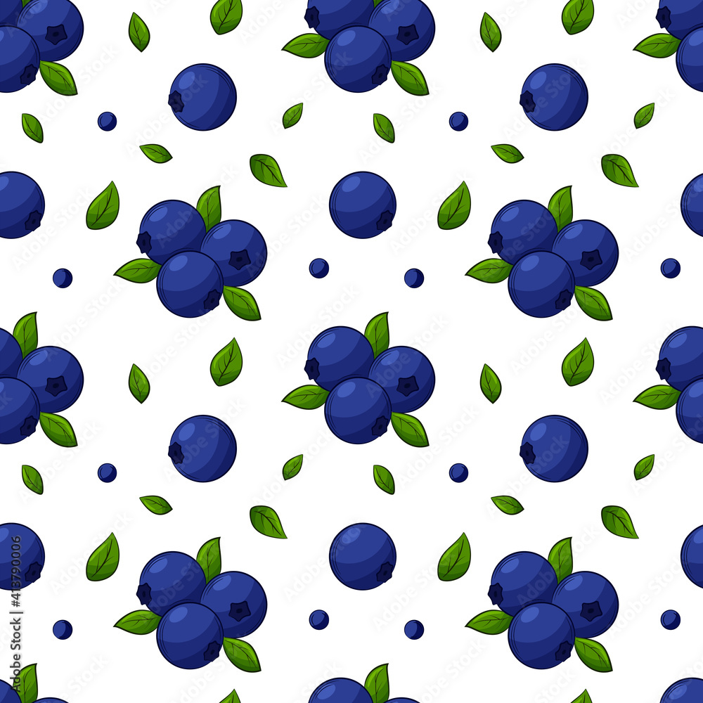 Seamless pattern with blueberries and leaves. Bright, blue, juicy, summery, fruity pattern. Color elements in the linear style are isolated without a background. For clothing design and food packaging